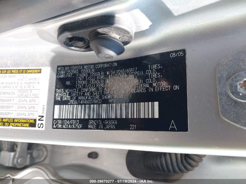 2006 Toyota 4Runner Sr5/Sport VIN: JTEBU14R460078832 Lot: 39870277