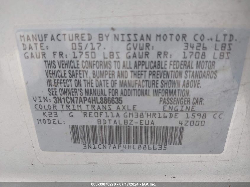 2017 Nissan Versa 1.6 Sv VIN: 3N1CN7AP4HL886635 Lot: 39870279