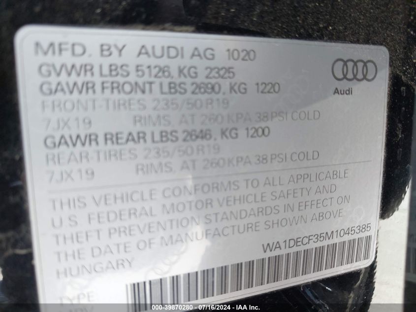 2021 Audi Q3 Premium S Line 45 VIN: WA1DECF35M1045385 Lot: 39870280