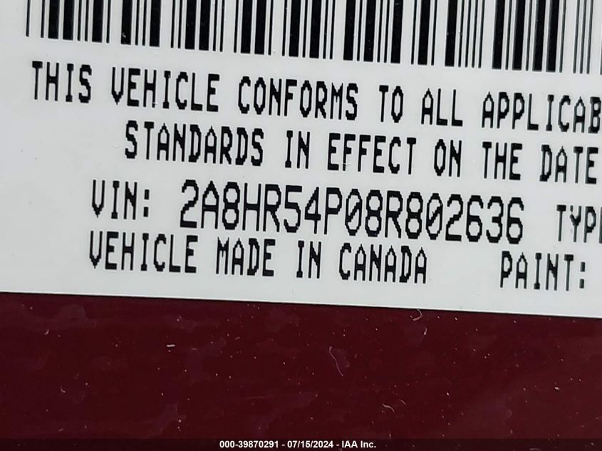 2008 Chrysler Town & Country Touring VIN: 2A8HR54P08R802636 Lot: 39870291