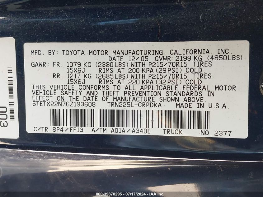 2006 Toyota Tacoma VIN: 5TETX22N76Z193608 Lot: 39870295