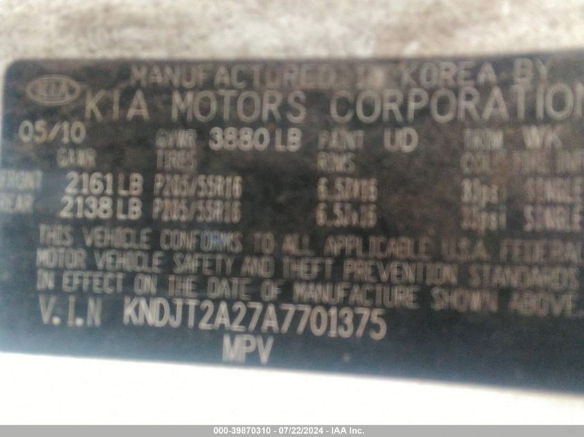 2010 Kia Soul + VIN: KNDJT2A27A7701375 Lot: 39870310