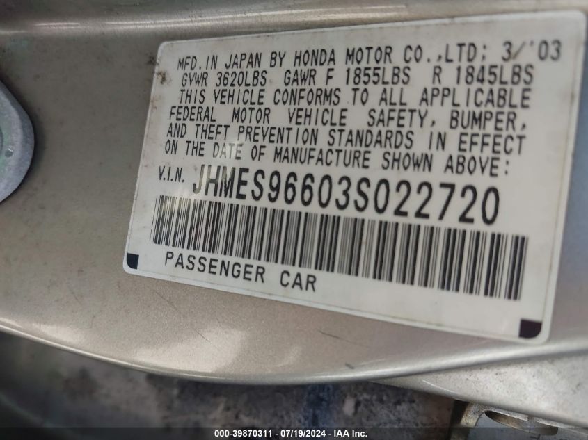 2003 Honda Civic Hybrid VIN: JHMES96603S022720 Lot: 39870311