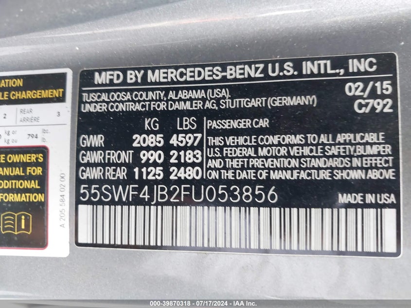 2015 Mercedes-Benz C 300 VIN: 55SWF4JB2FU053856 Lot: 39870318