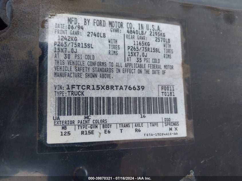 1994 Ford Ranger Super Cab VIN: 1FTCR15X8RTA76639 Lot: 39870321