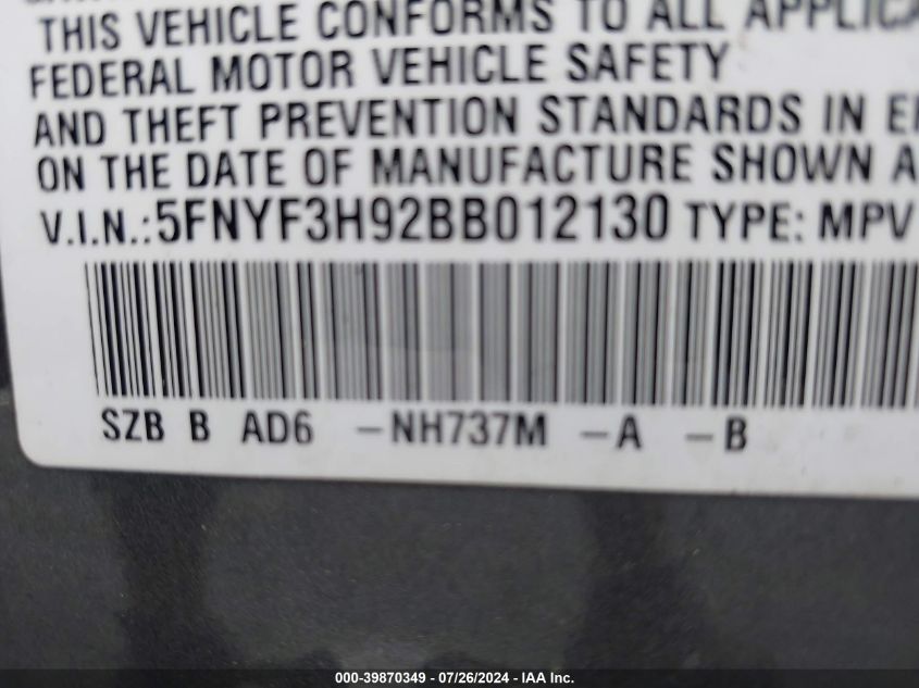 2011 Honda Pilot Touring VIN: 5FNYF3H92BB012130 Lot: 39870349