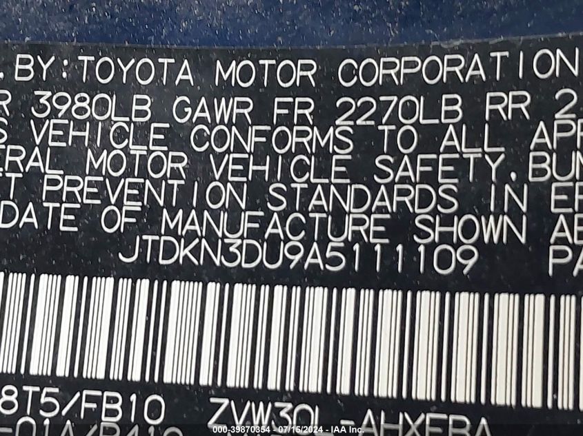 2010 Toyota Prius Ii VIN: JTDKN3DU9A5111109 Lot: 39870354