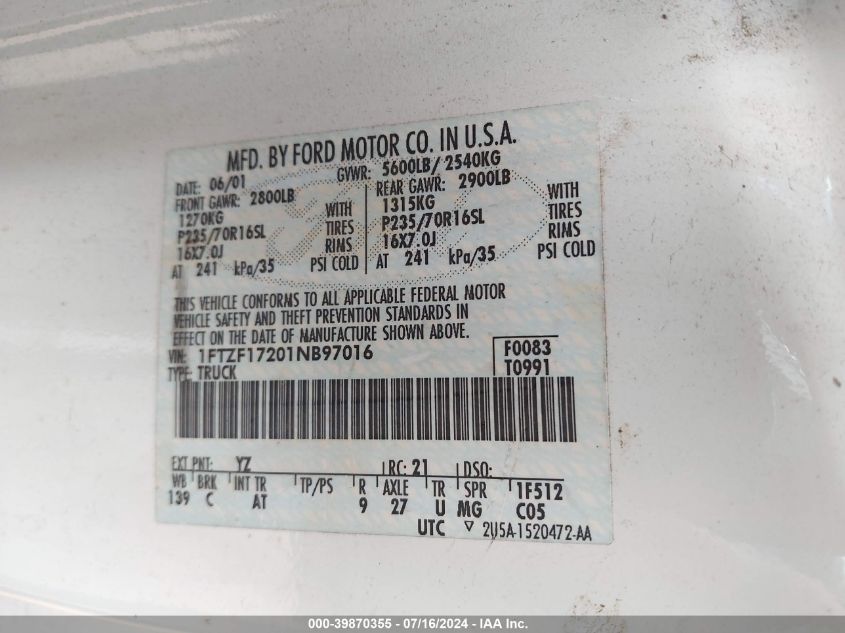 2001 Ford F-150 Xl/Xlt VIN: 1FTZF17201NB97016 Lot: 39870355