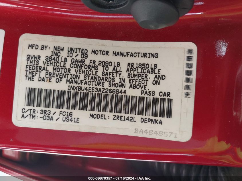 2010 Toyota Corolla Xle VIN: 1NXBU4EE3AZ266644 Lot: 39870357