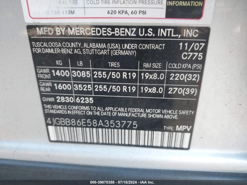 4JGBB86E58A353775 2008 Mercedes-Benz Ml 350 4Matic