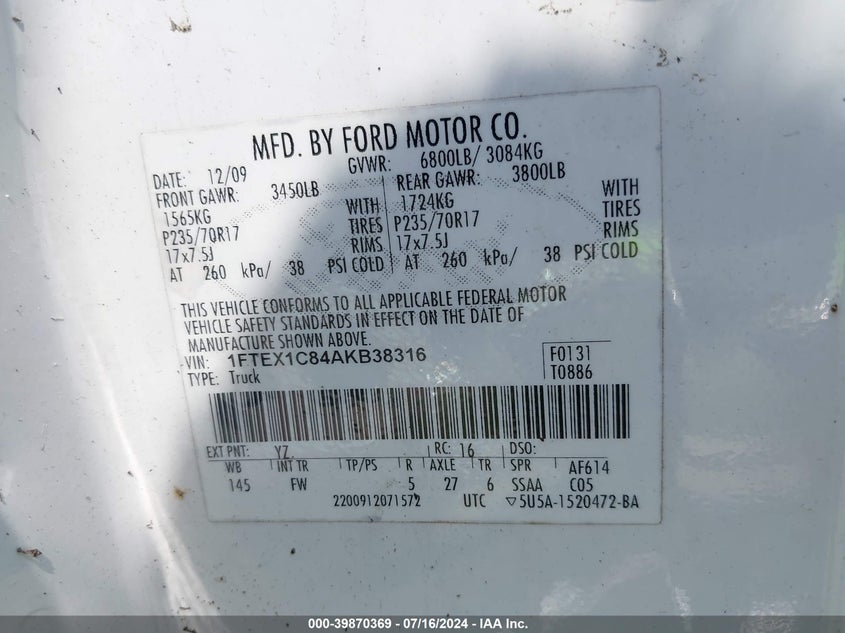 2010 Ford F-150 Fx2 Sport/Stx/Xl/Xlt VIN: 1FTEX1C84AKB38316 Lot: 39870369