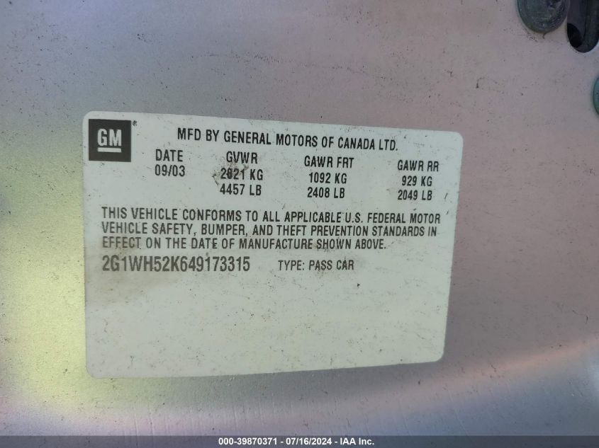 2004 Chevrolet Impala Ls VIN: 2G1WH52K649173315 Lot: 39870371