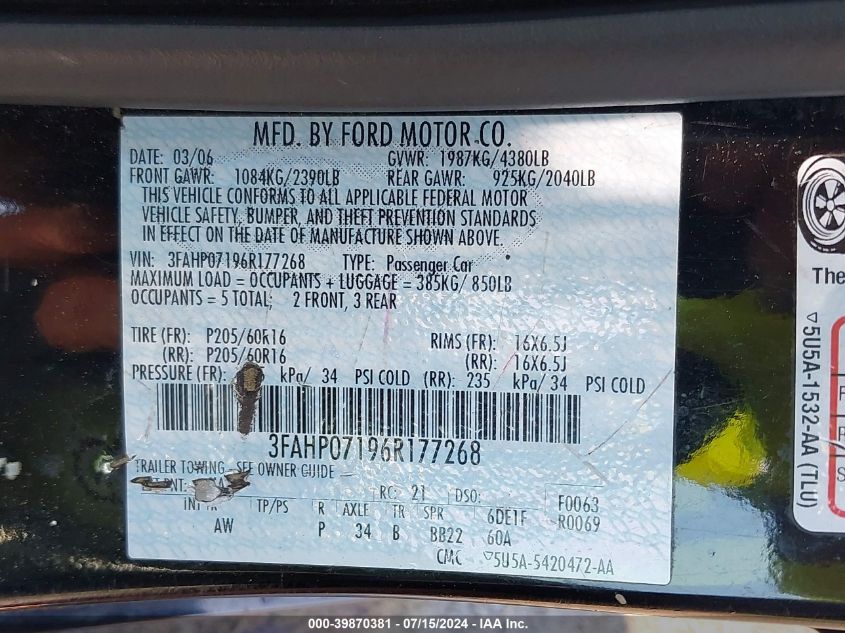 2006 Ford Fusion Se VIN: 3FAHP07196R177268 Lot: 39870381