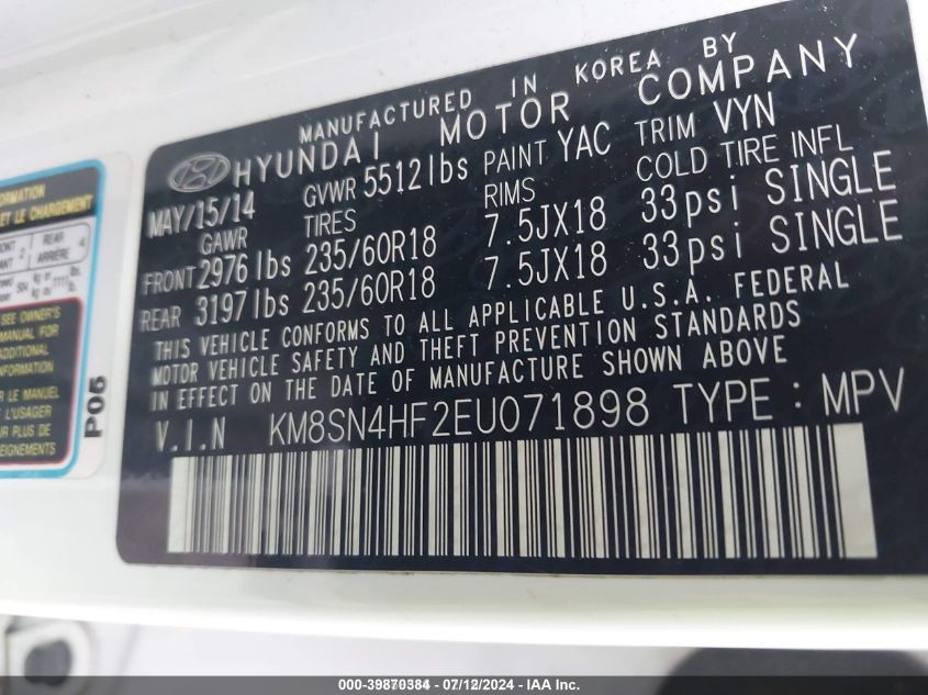 2014 HYUNDAI SANTA FE LIMITED - KM8SN4HF2EU071898