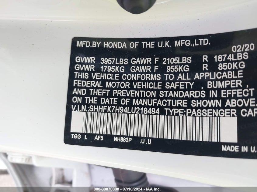 2020 HONDA CIVIC SPORT TOURING - SHHFK7H94LU218494