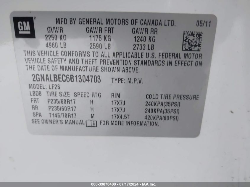 2011 Chevrolet Equinox Ls VIN: 2GNALBEC6B1304703 Lot: 39870400