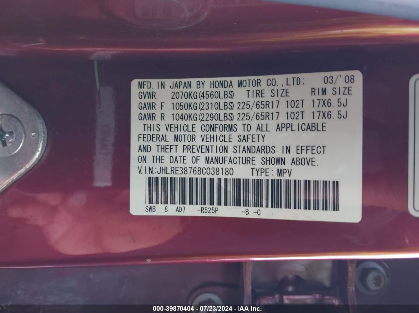 2008 Honda Cr-V Ex-L VIN: JHLRE38768C038180 Lot: 39870404