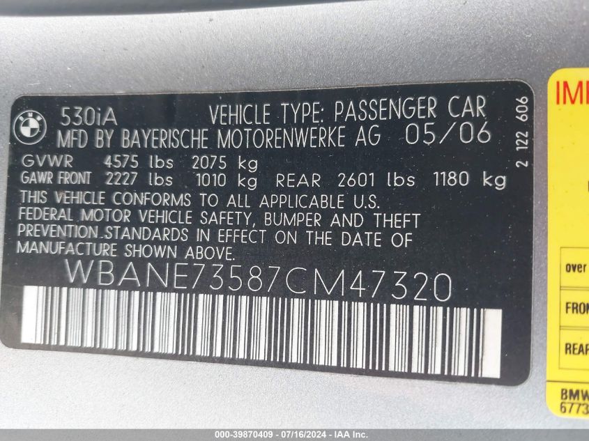 2007 BMW 530 I VIN: WBANE73587CM47320 Lot: 39870409