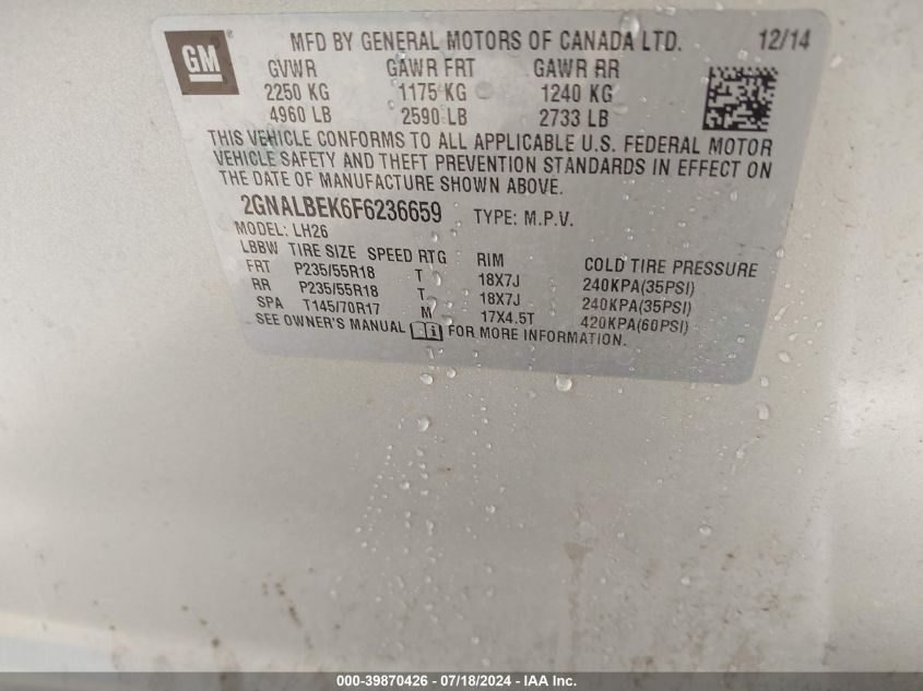 2015 Chevrolet Equinox 1Lt VIN: 2GNALBEK6F6236659 Lot: 39870426