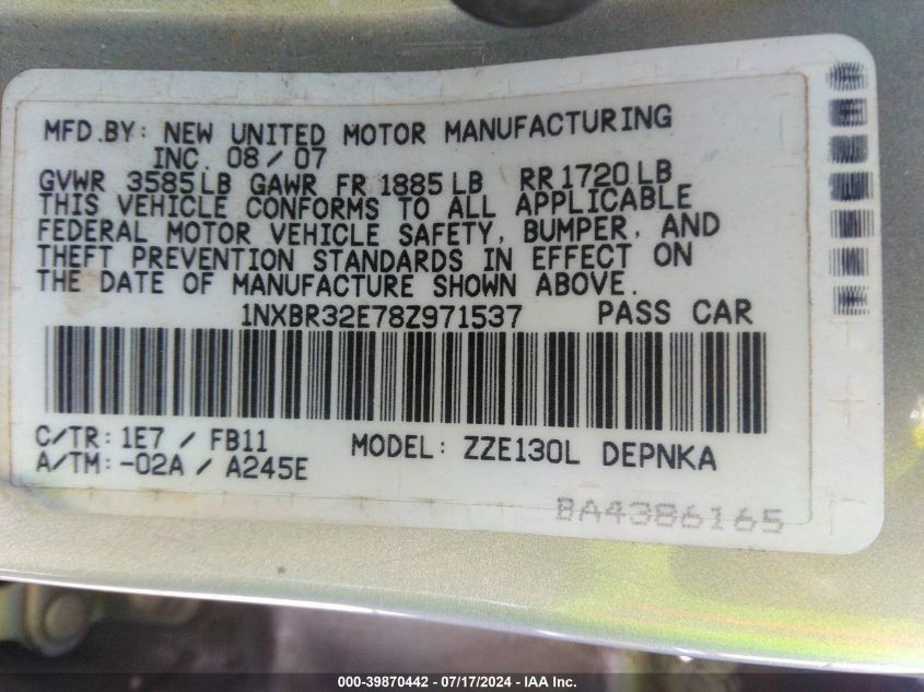 2008 Toyota Corolla Le VIN: 1NXBR32E78Z971537 Lot: 39870442