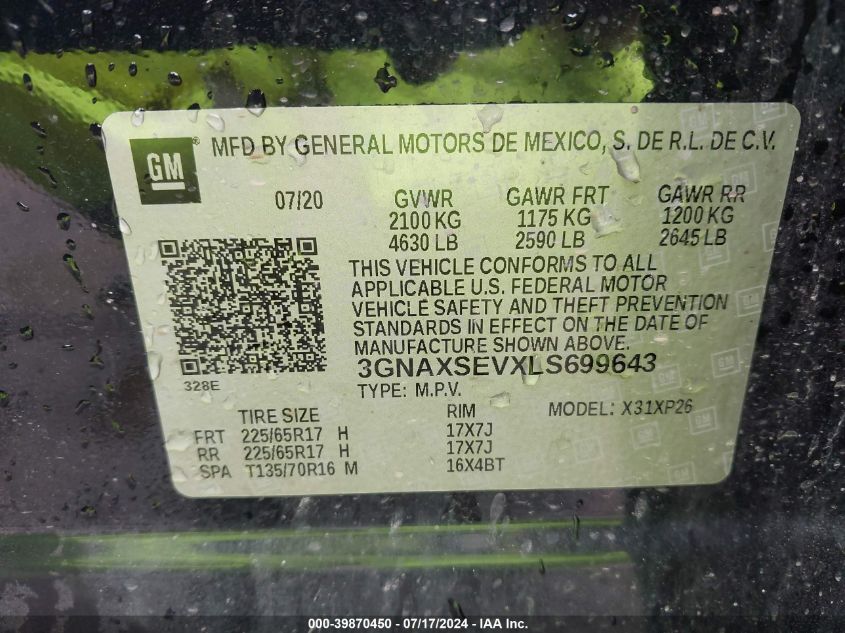2020 Chevrolet Equinox Awd Ls VIN: 3GNAXSEVXLS699643 Lot: 39870450