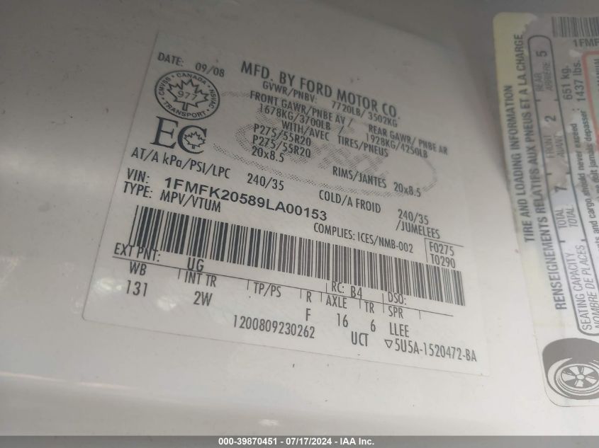2009 Ford Expedition El Limited VIN: 1FMFK20589LA00153 Lot: 39870451