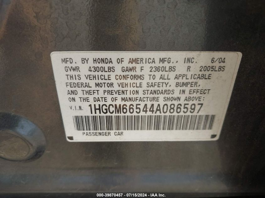 2004 Honda Accord 3.0 Ex VIN: 1HGCM66544A086597 Lot: 39870457