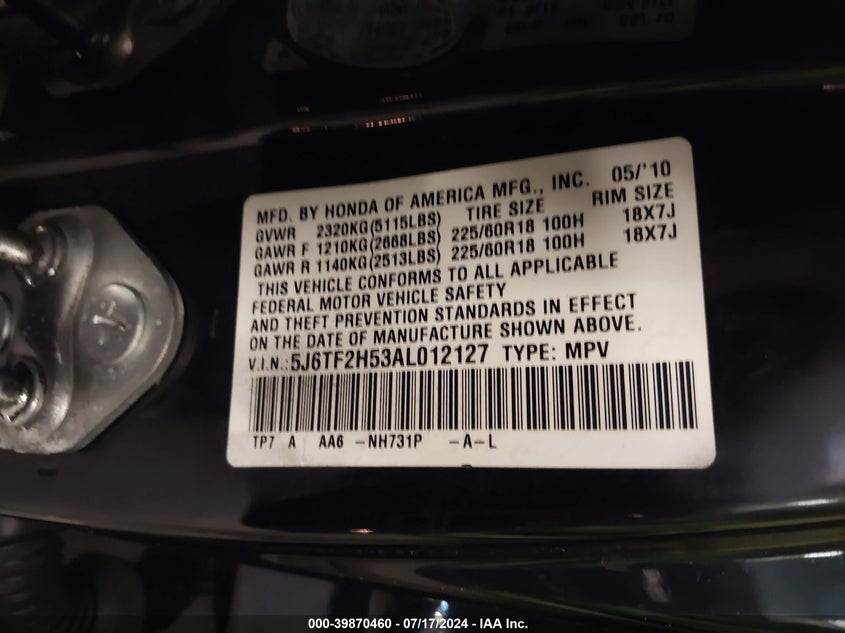 2010 Honda Accord Crosstour Ex-L VIN: 5J6TF2H53AL012127 Lot: 39870460