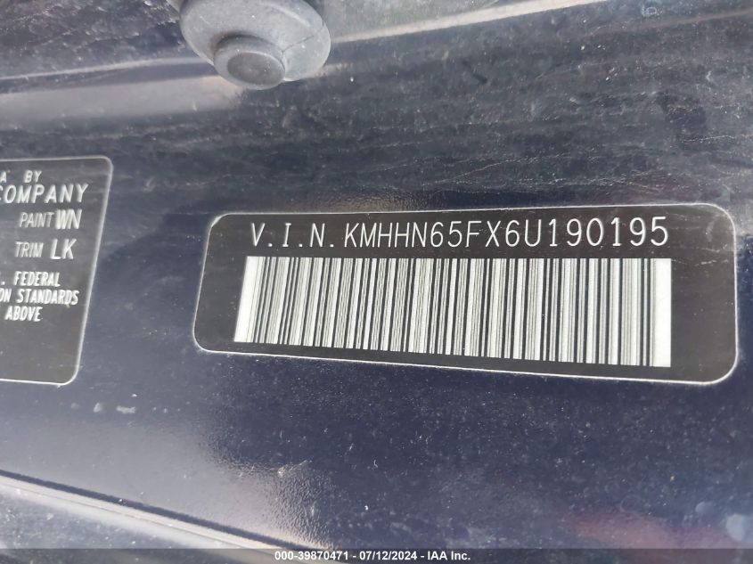 2006 Hyundai Tiburon Gt/Gt Limited/Se VIN: KMHHN65FX6U190195 Lot: 39870471