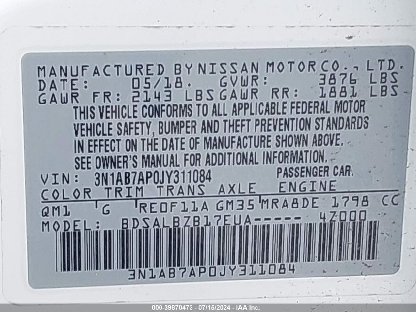 3N1AB7AP0JY311084 | 2018 NISSAN SENTRA