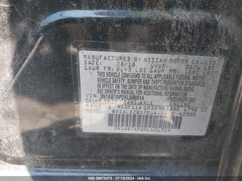 2019 Nissan Sentra Sv VIN: 3N1AB7AP2KL606914 Lot: 39870475