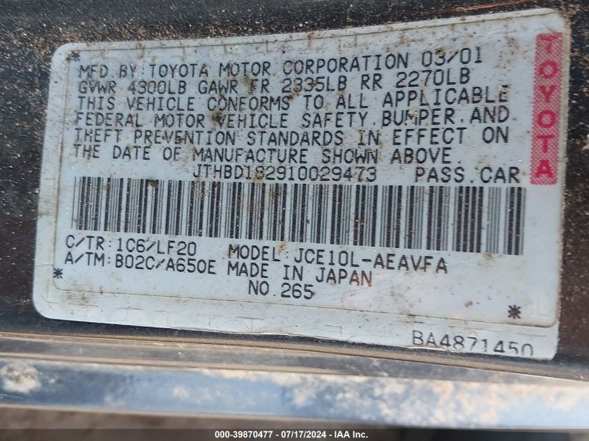 2001 Lexus Is 300 VIN: JTHBD182910029473 Lot: 39870477