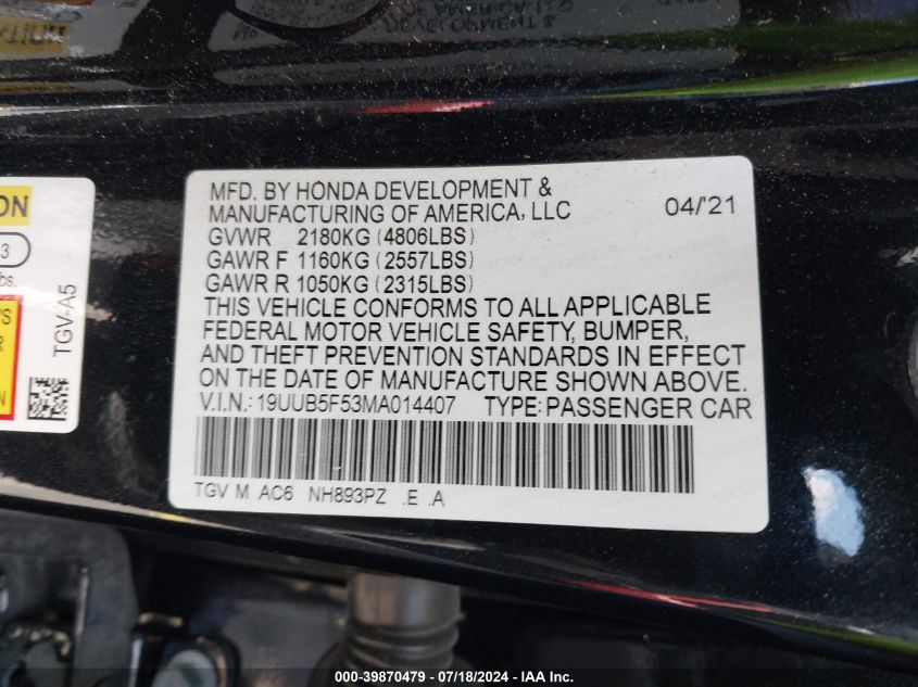 2021 ACURA TLX 2.0L I-4 DI, DOHC, V(VIN: 19UUB5F53MA014407