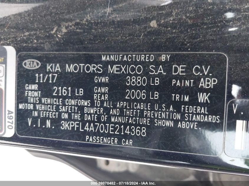 2018 Kia Forte Lx/S VIN: 3KPFL4A70JE214368 Lot: 39870482