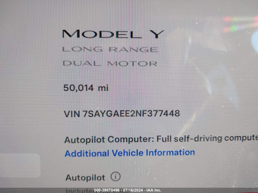 2022 Tesla Model Y Long Range Dual Motor All-Wheel Drive VIN: 7SAYGAEE2NF377448 Lot: 39870496