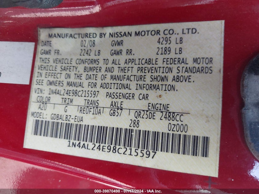 2008 Nissan Altima 2.5S VIN: 1N4AL24E98C215597 Lot: 39870498