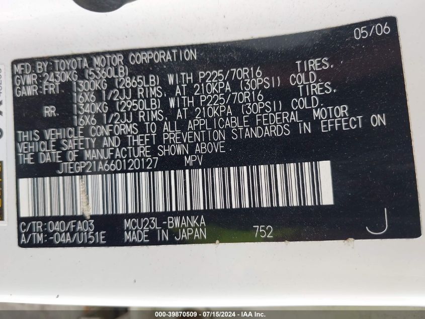 2006 Toyota Highlander V6 VIN: JTEGP21A660120127 Lot: 39870509