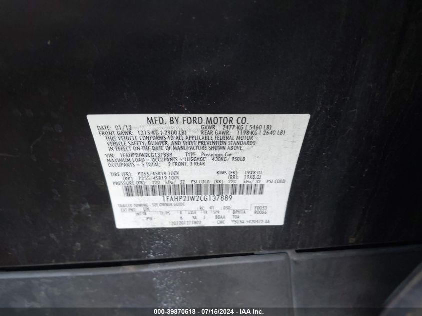 2012 Ford Taurus Limited VIN: 1FAHP2JW2CG137889 Lot: 39870518