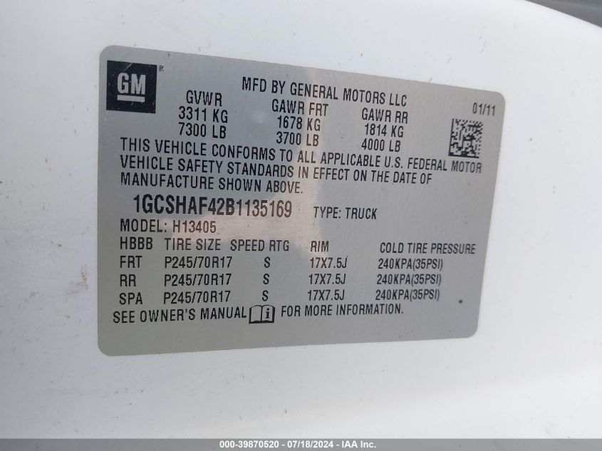 2011 Chevrolet Express 1500 Work Van VIN: 1GCSHAF42B1135169 Lot: 39870520