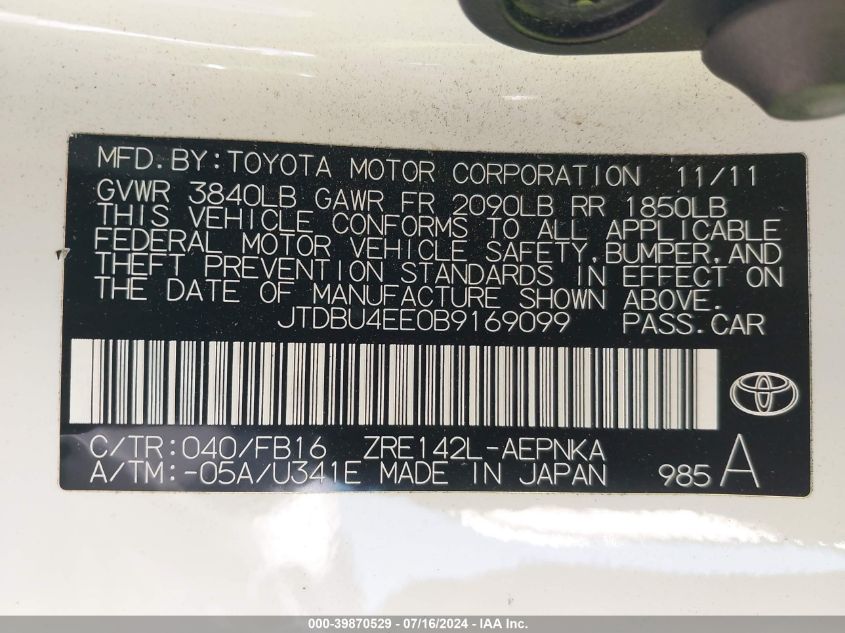 2011 Toyota Corolla Le VIN: JTDBU4EE0B9169099 Lot: 39870529
