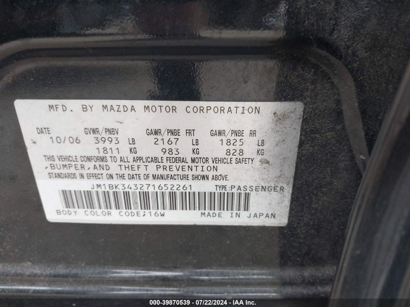 2007 Mazda Mazda3 S Grand Touring VIN: JM1BK343271652261 Lot: 39870539