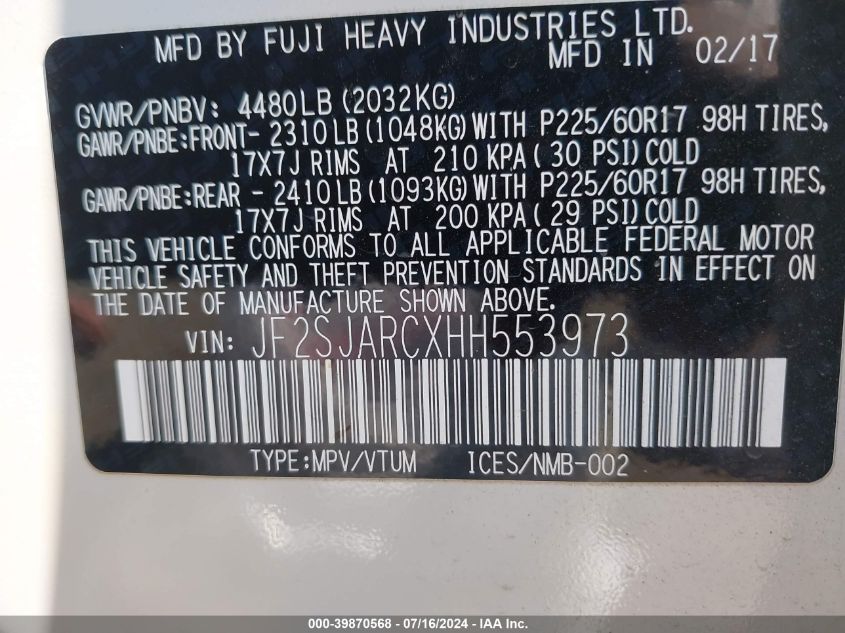 2017 Subaru Forester 2.5I Limited VIN: JF2SJARCXHH553973 Lot: 39870568
