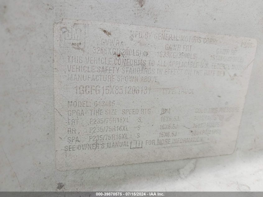 2005 Chevrolet Express VIN: 1GCFG15X851208131 Lot: 39870575