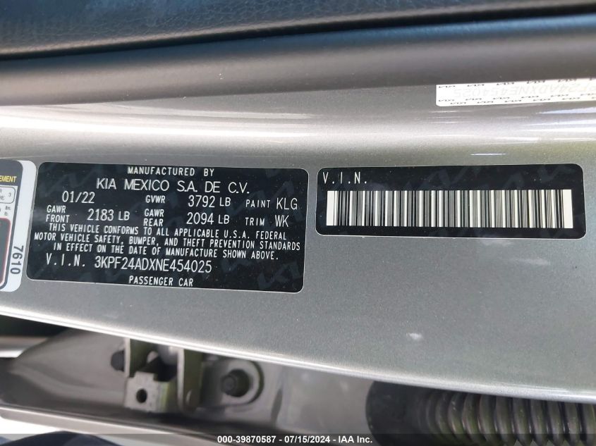 2022 Kia Forte Lxs VIN: 3KPF24ADXNE454025 Lot: 39870587