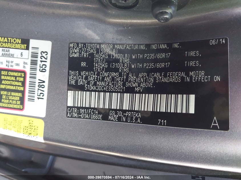 2014 Toyota Sienna Le V6 8 Passenger VIN: 5TDKK3DC4ES505021 Lot: 39870594