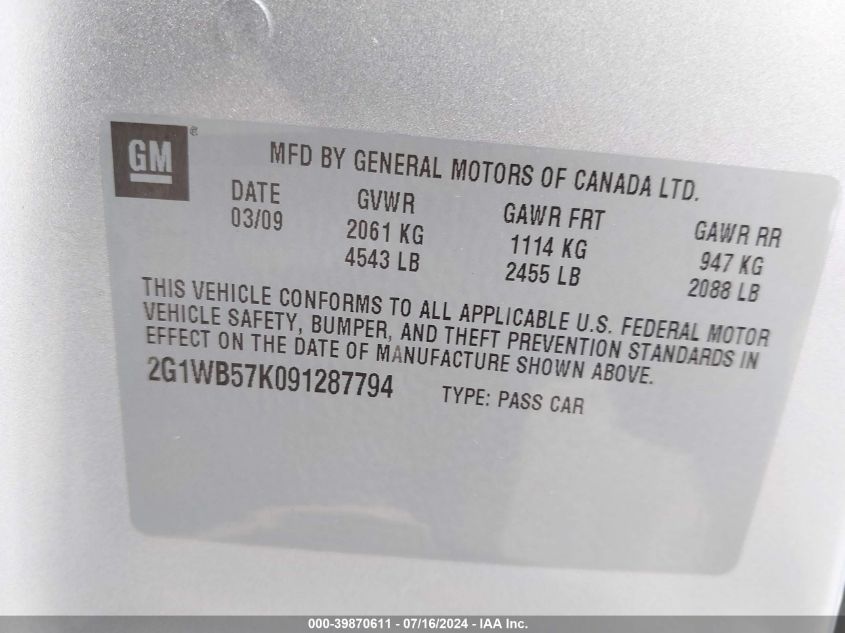 2009 Chevrolet Impala Ls VIN: 2G1WB57K091287794 Lot: 39870611