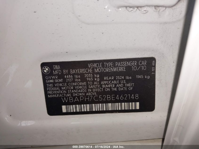 2011 BMW 328I I VIN: WBAPH7C52BE462148 Lot: 39870614