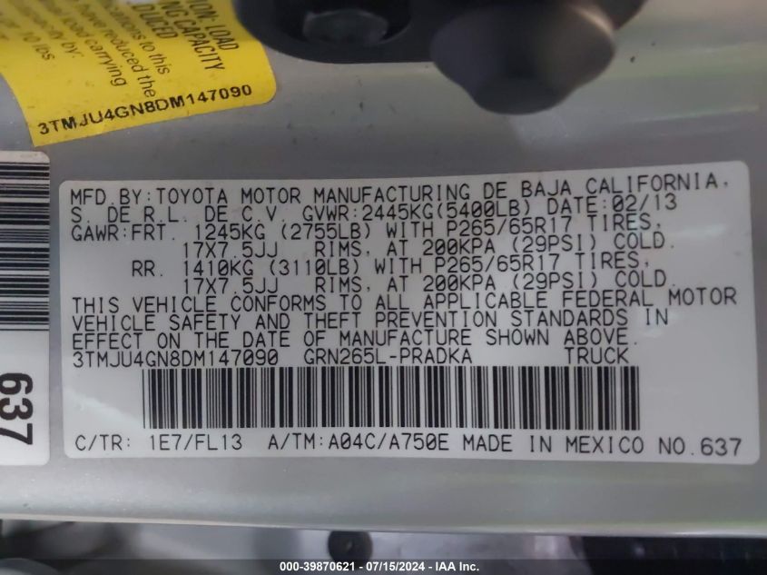 2013 Toyota Tacoma Prerunner V6 VIN: 3TMJU4GN8DM147090 Lot: 39870621