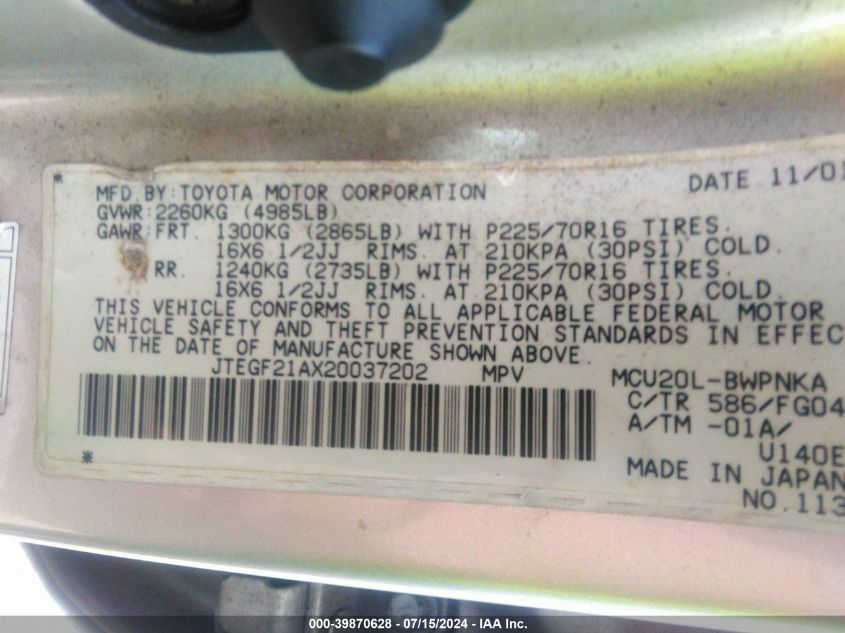 2002 Toyota Highlander V6 VIN: JTEGF21AX20037202 Lot: 39870628