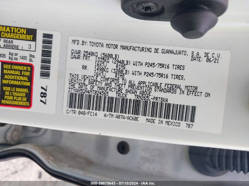 2021 Toyota Tacoma Sr5 VIN: 3TYAX5GN4MT024565 Lot: 39870643